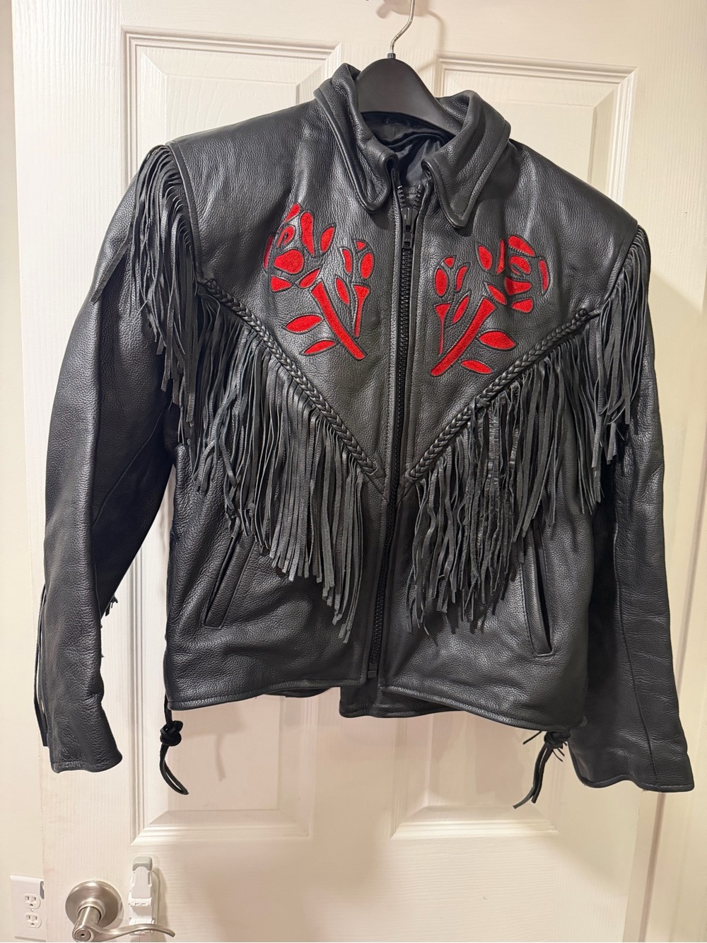 Black Leather Fringe Jacket with Red Floral Insets